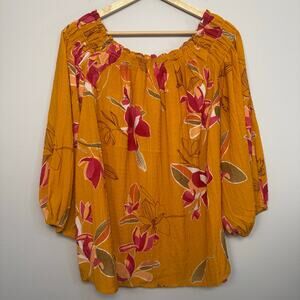 Ava & Viv Size 1X Mustard Yellow Floral Print Off Shoulder Gauzy Crinkle Boho